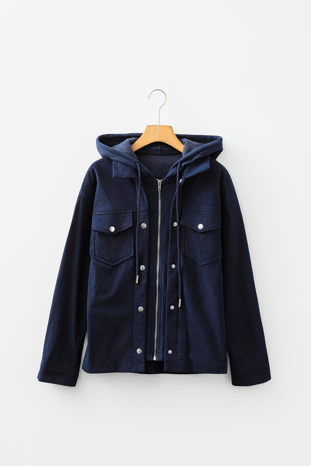 Textured Knit Pocketed Drawstring Hooded Jacket