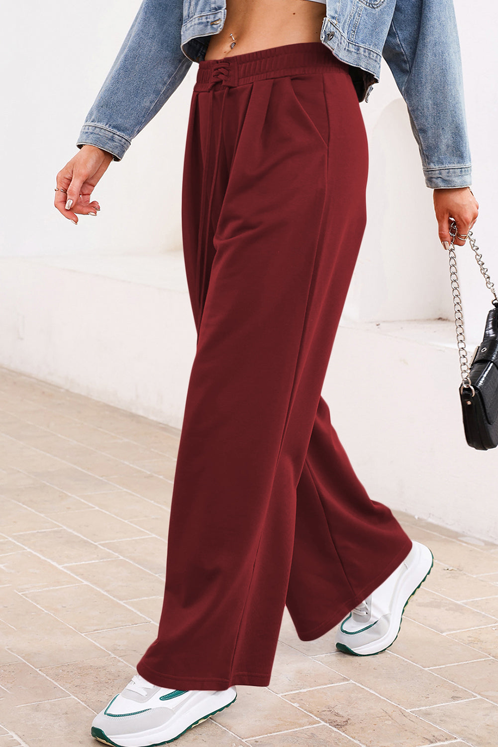 Solid Tied High-Waist Pleated Sweatpants