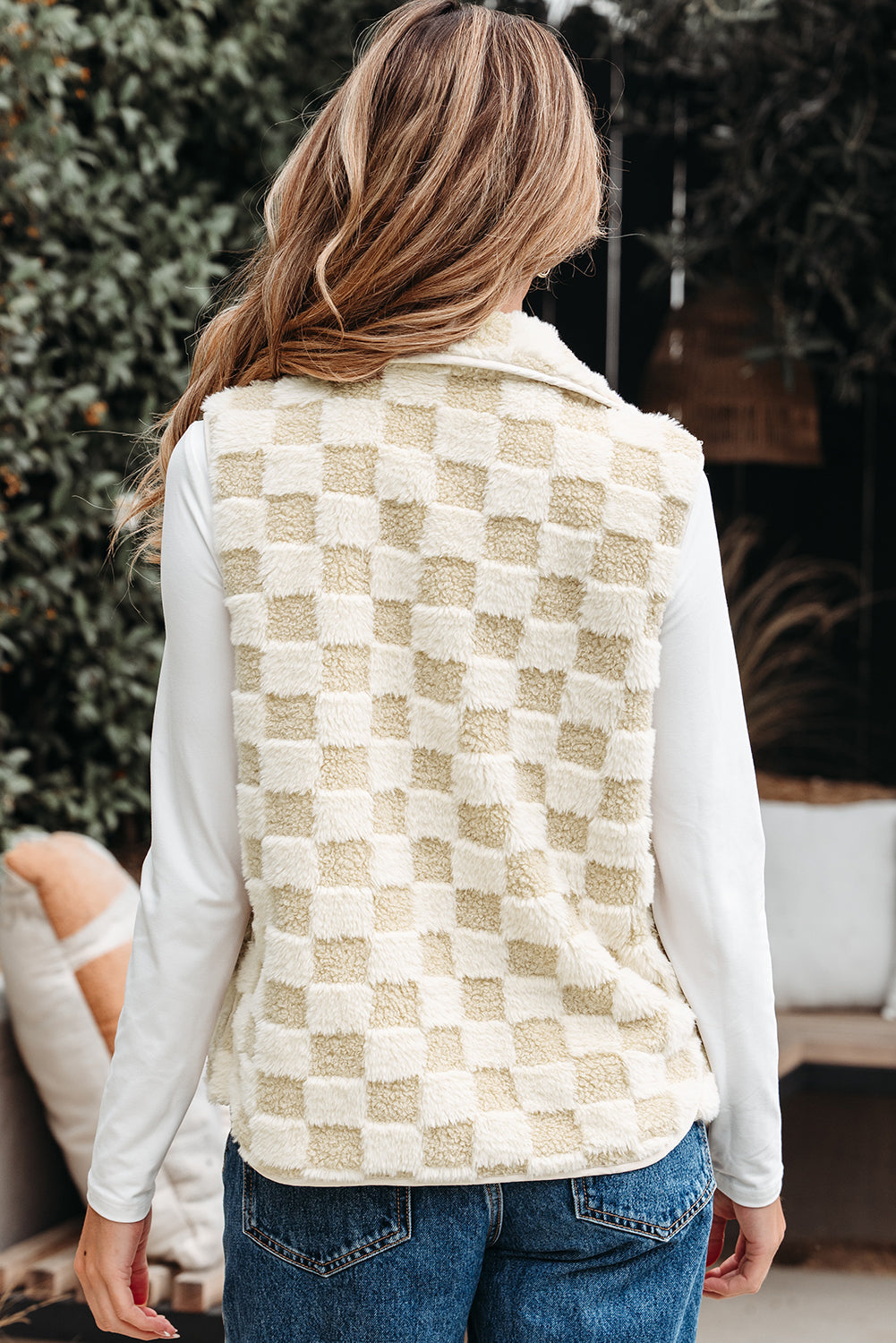 Checker Sherpa Snap Button Vest Jacket With Pockets