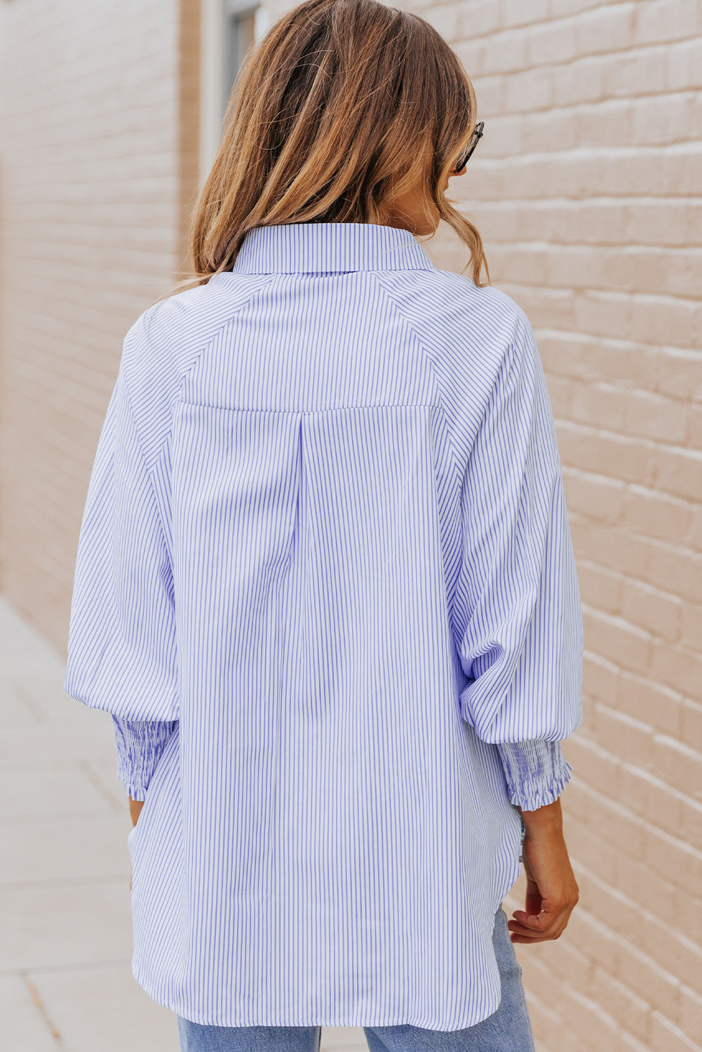 Stripe Smocked Long Sleeve Button-Up Shirt