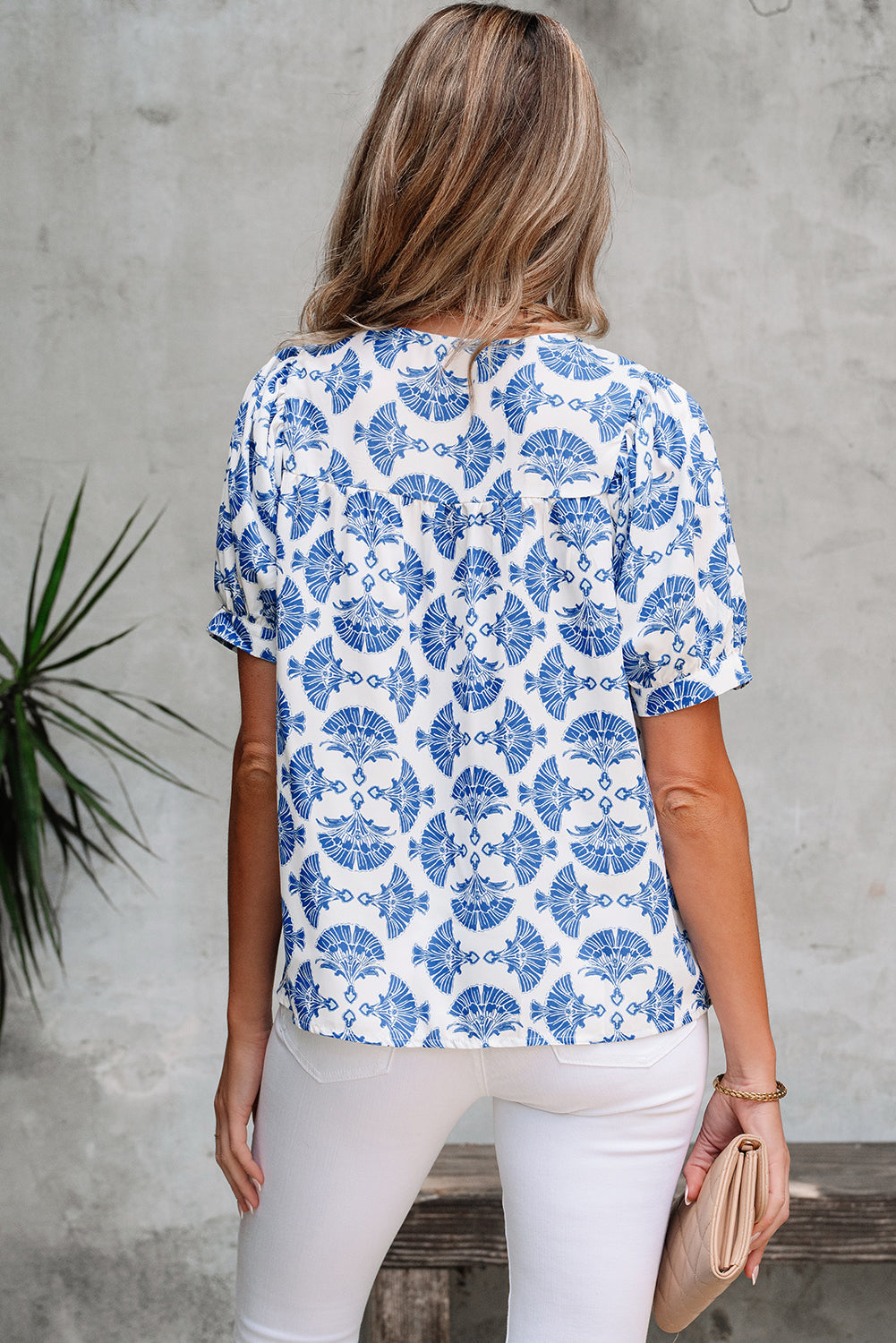 Geometric Tassel Tie V-Neck Short Sleeve Blouse