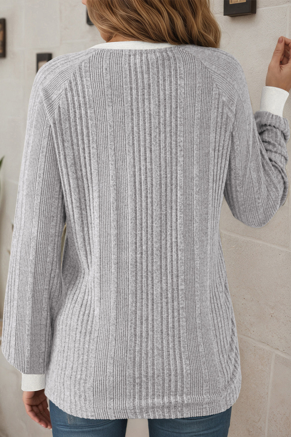 Solid Ribbed Contrast Trim Long Sleeve Top