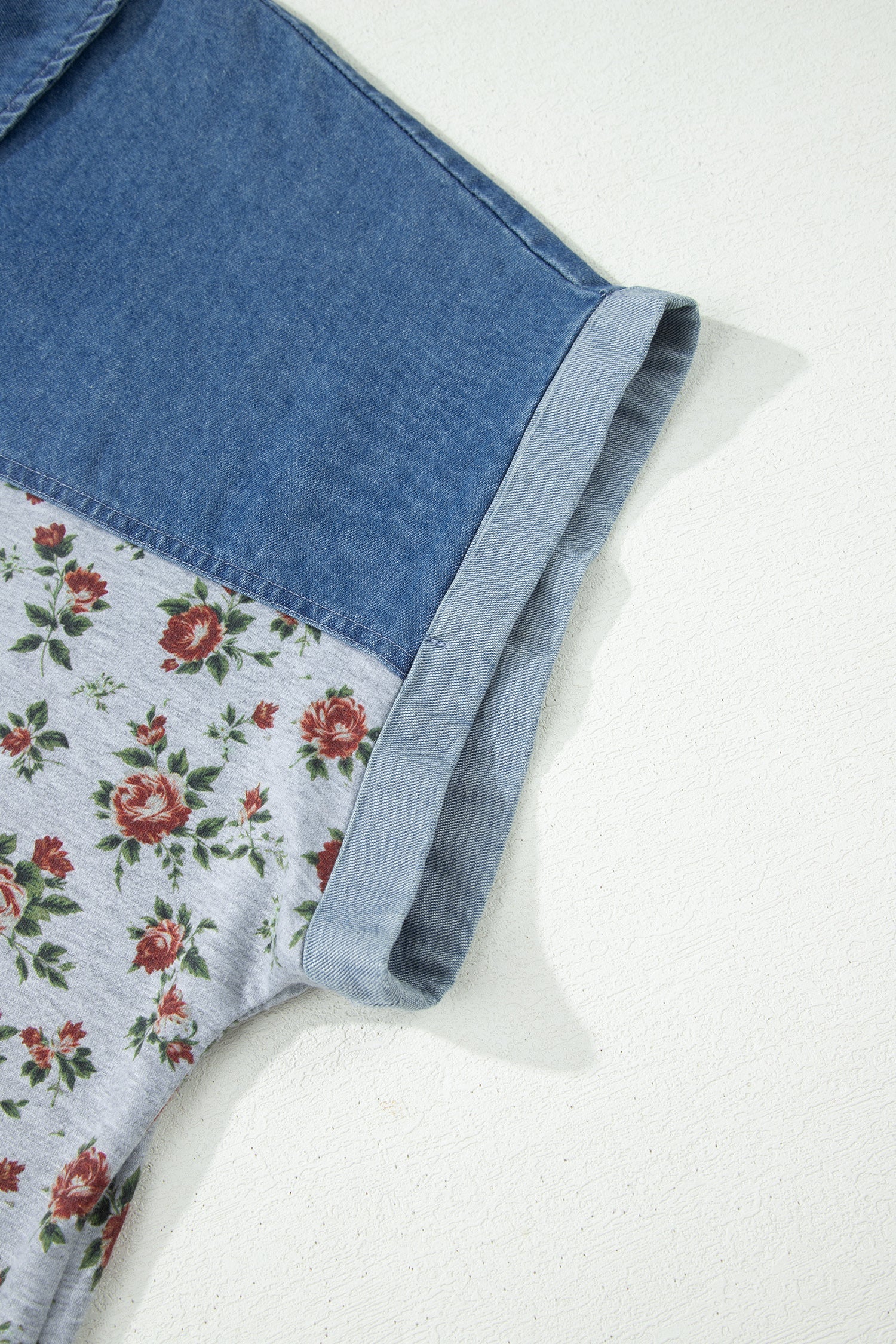 Plus Size Floral Denim Patchwork Polo Tee