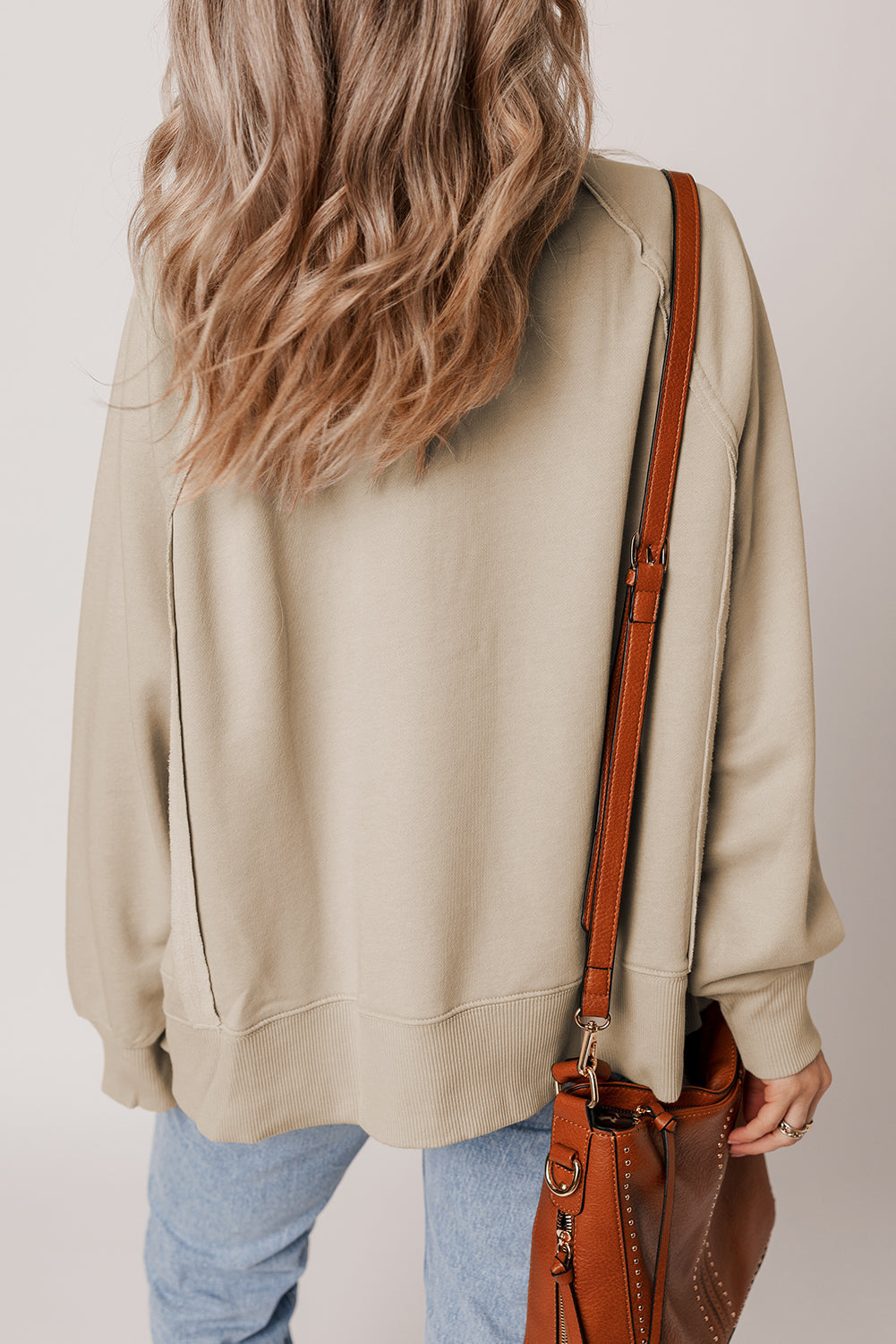Solid Raw Edge Raglan Sleeve Side Slit Sweatshirt