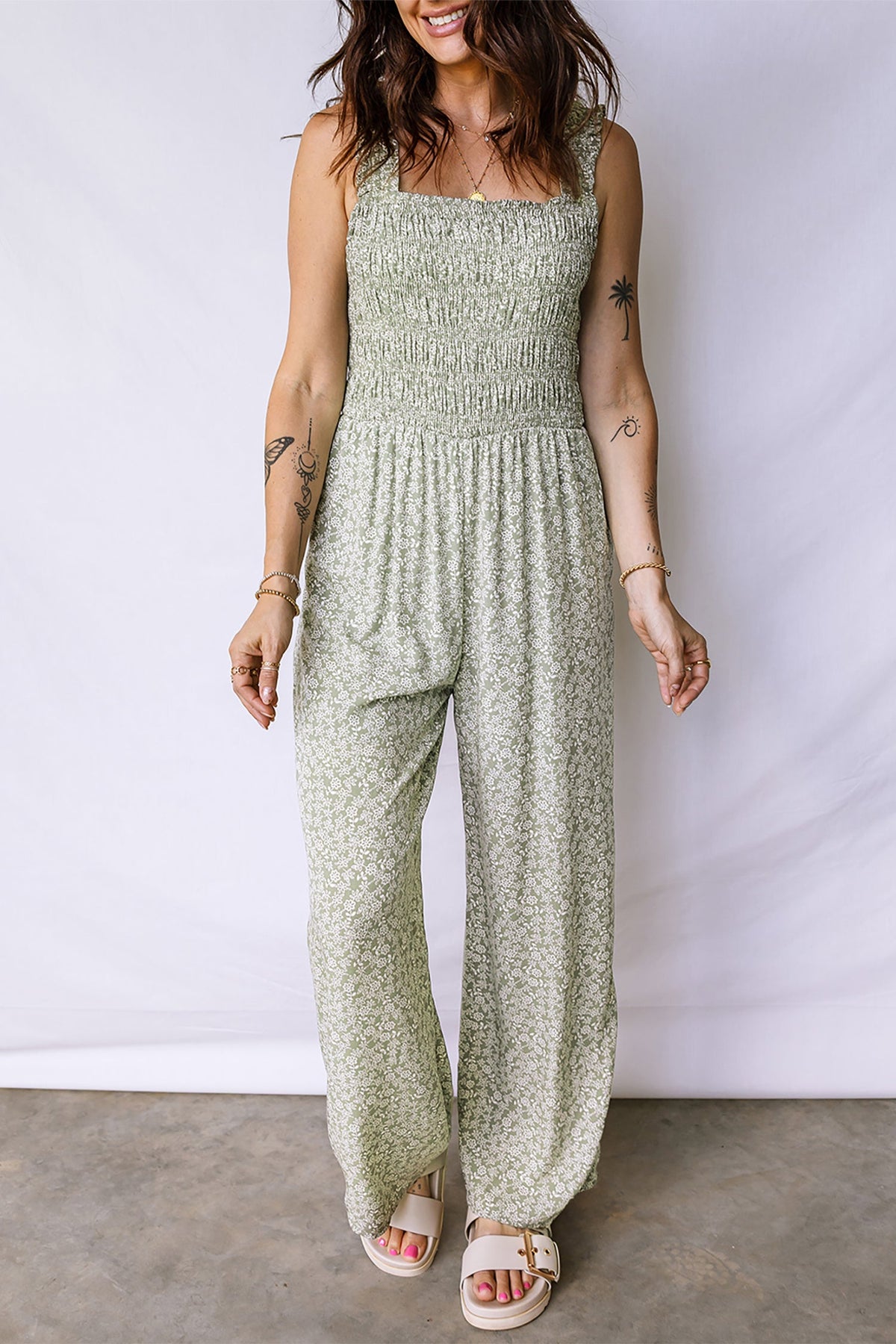 Floral Smocked Square Neck Sleeveless Jumpsuit