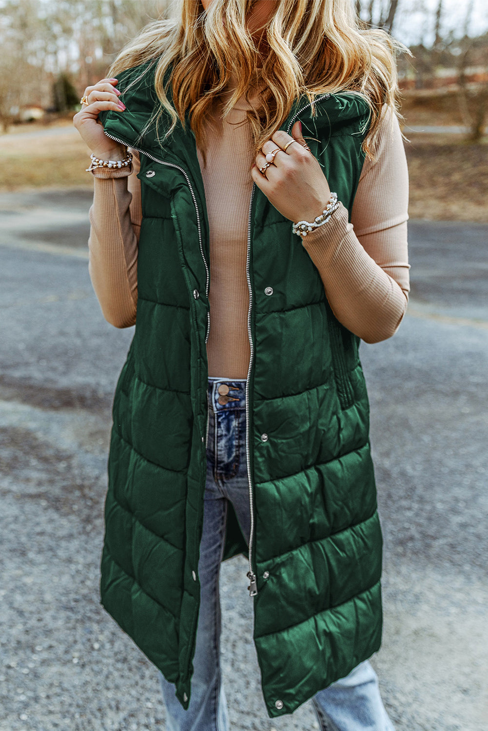 Solid Quilted Long Hooded Vest Coat