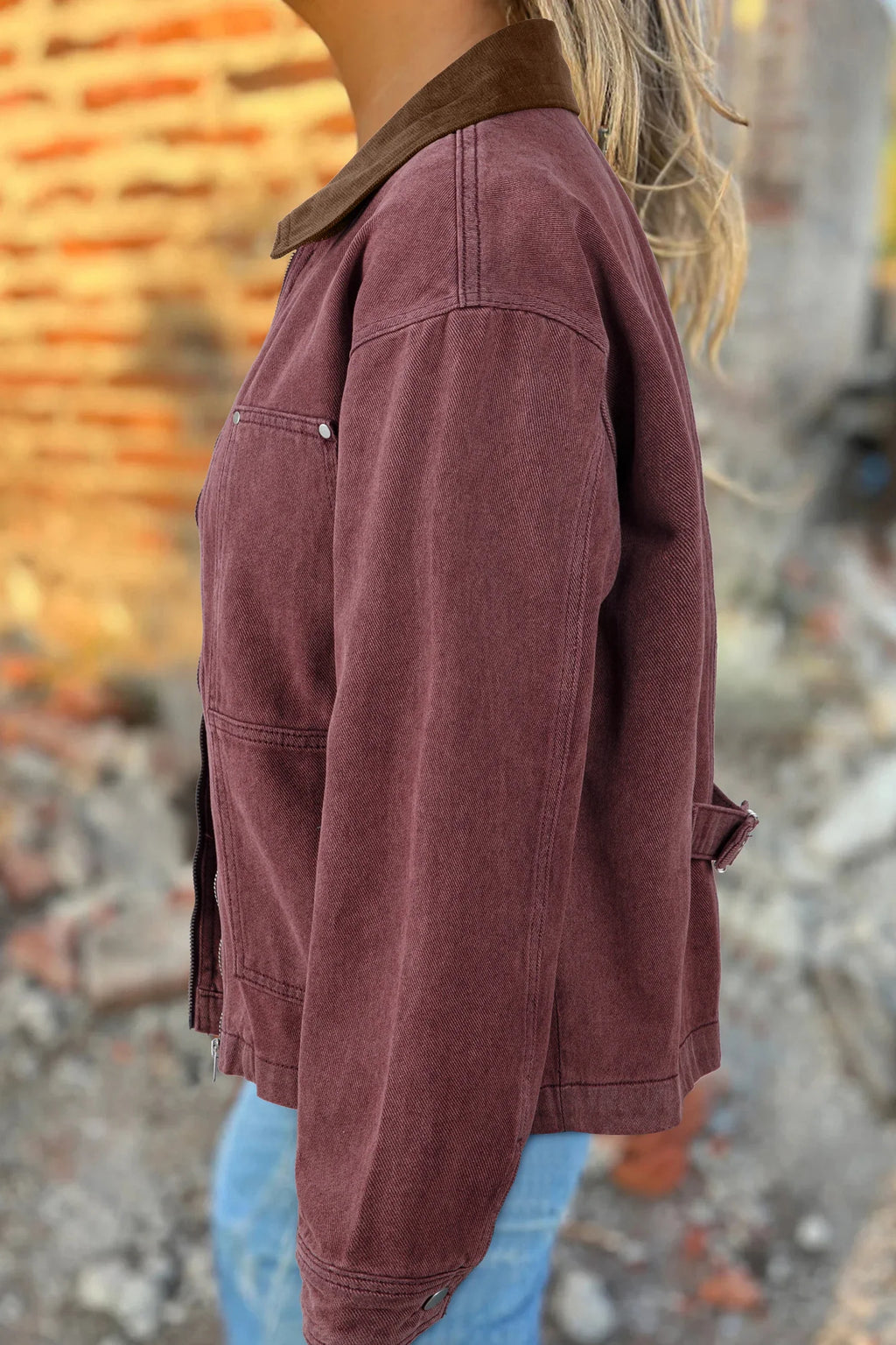 Corduroy Collar Zipped Front Denim Jacket