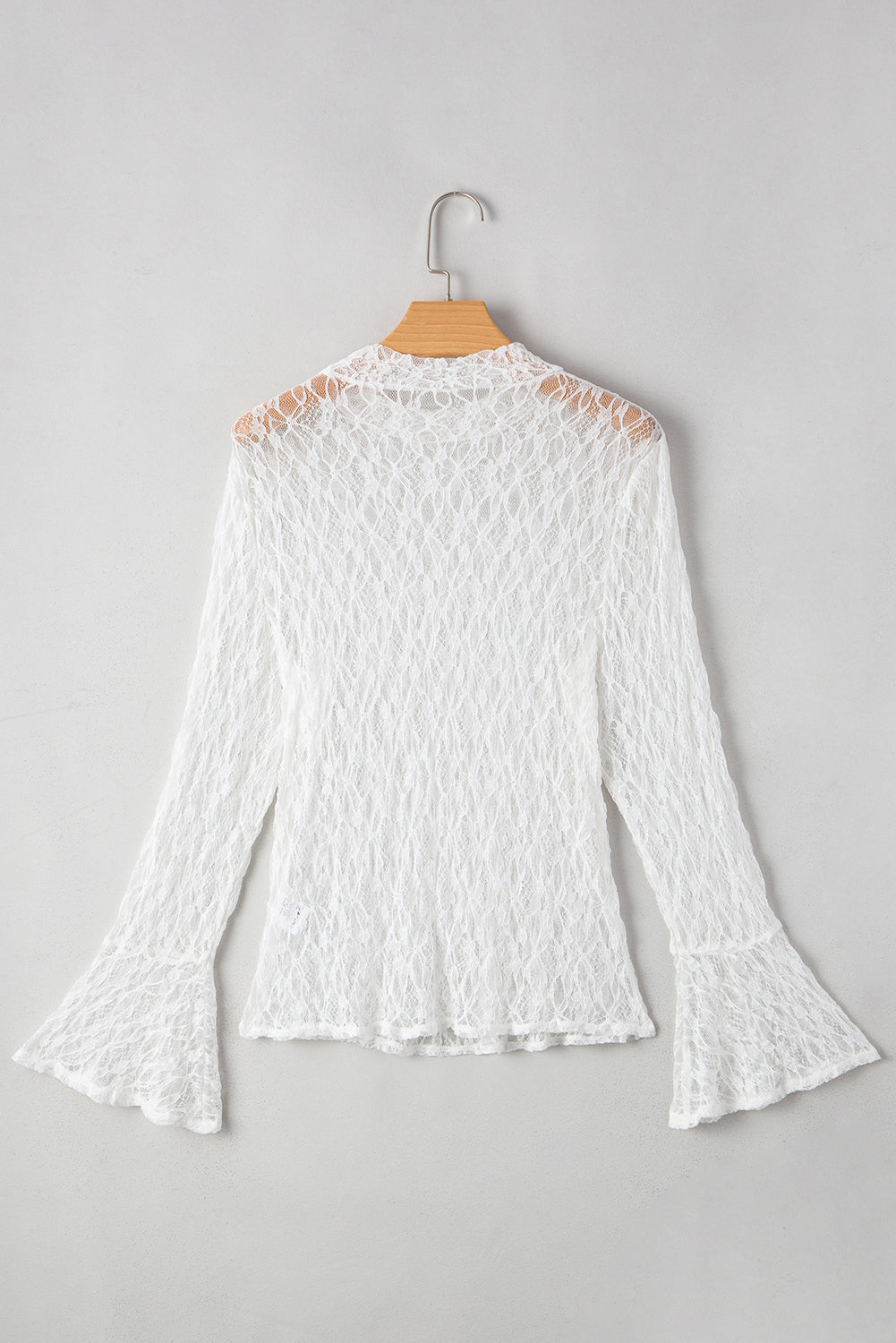 Sheer Lace Bell Sleeve Mock Neck Blouse