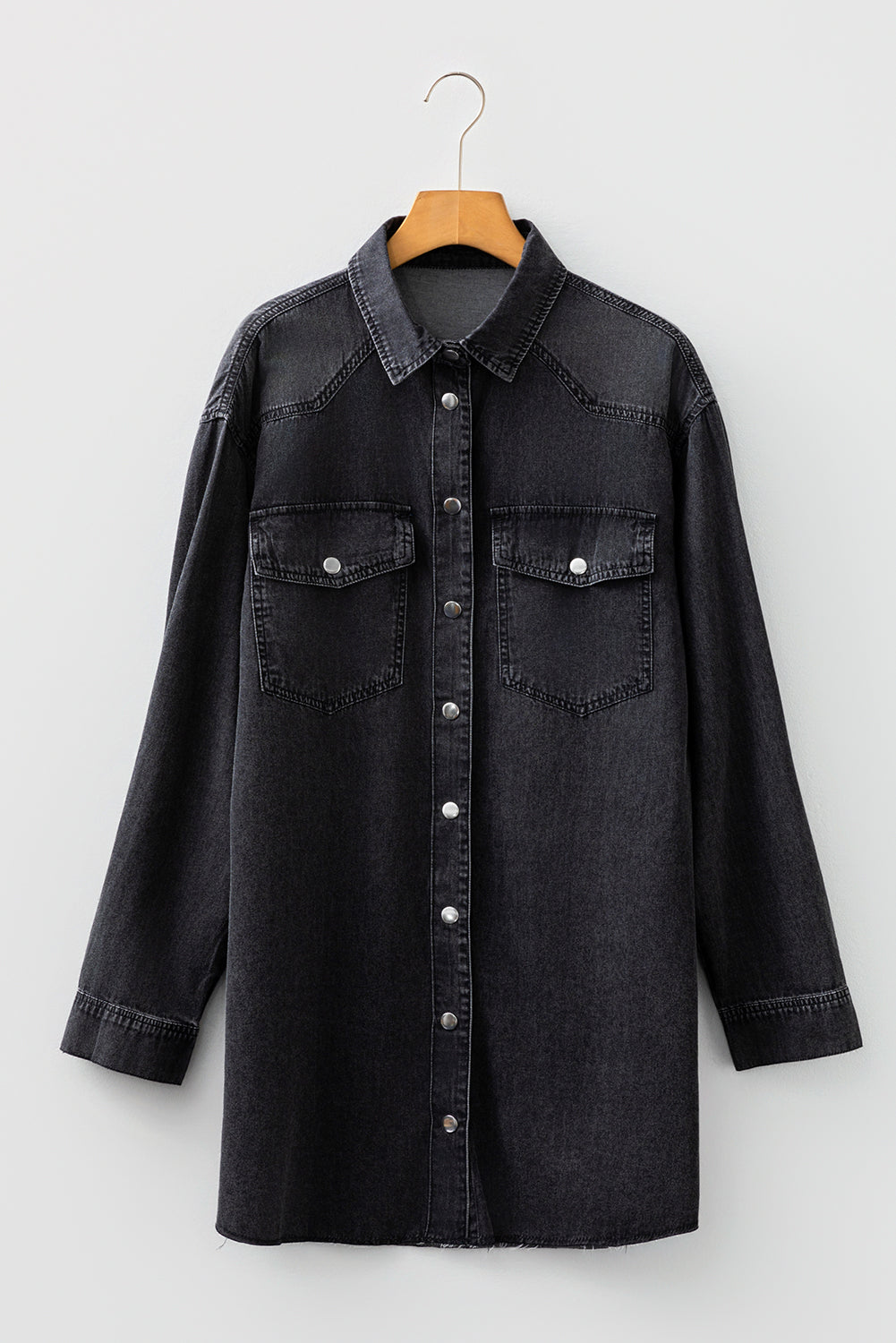 Solid Denim Chest Pocket Raw Hem Shirt Dress