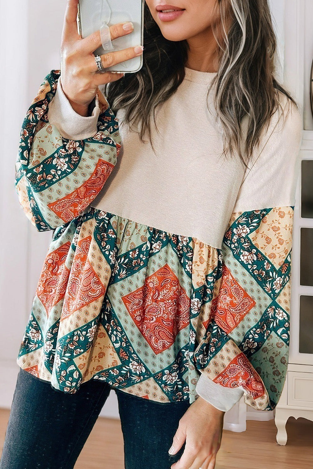 Paisley Geometric Patchwork Long Sleeve Top