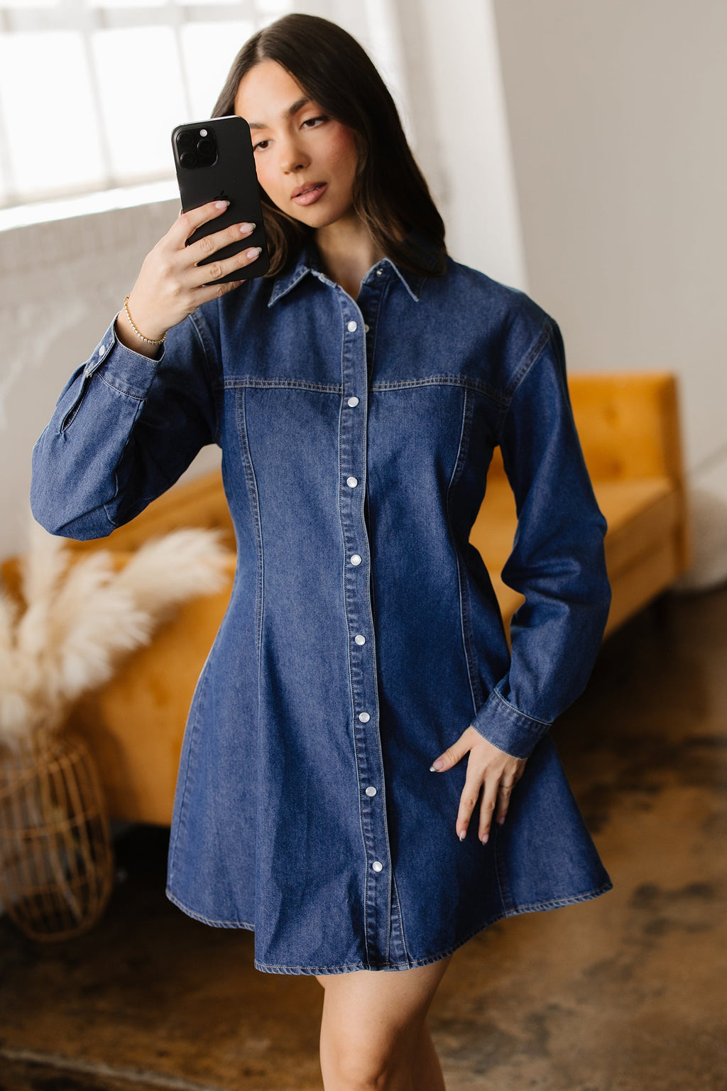 Denim Shirt Collar Long Sleeve Mini Dress