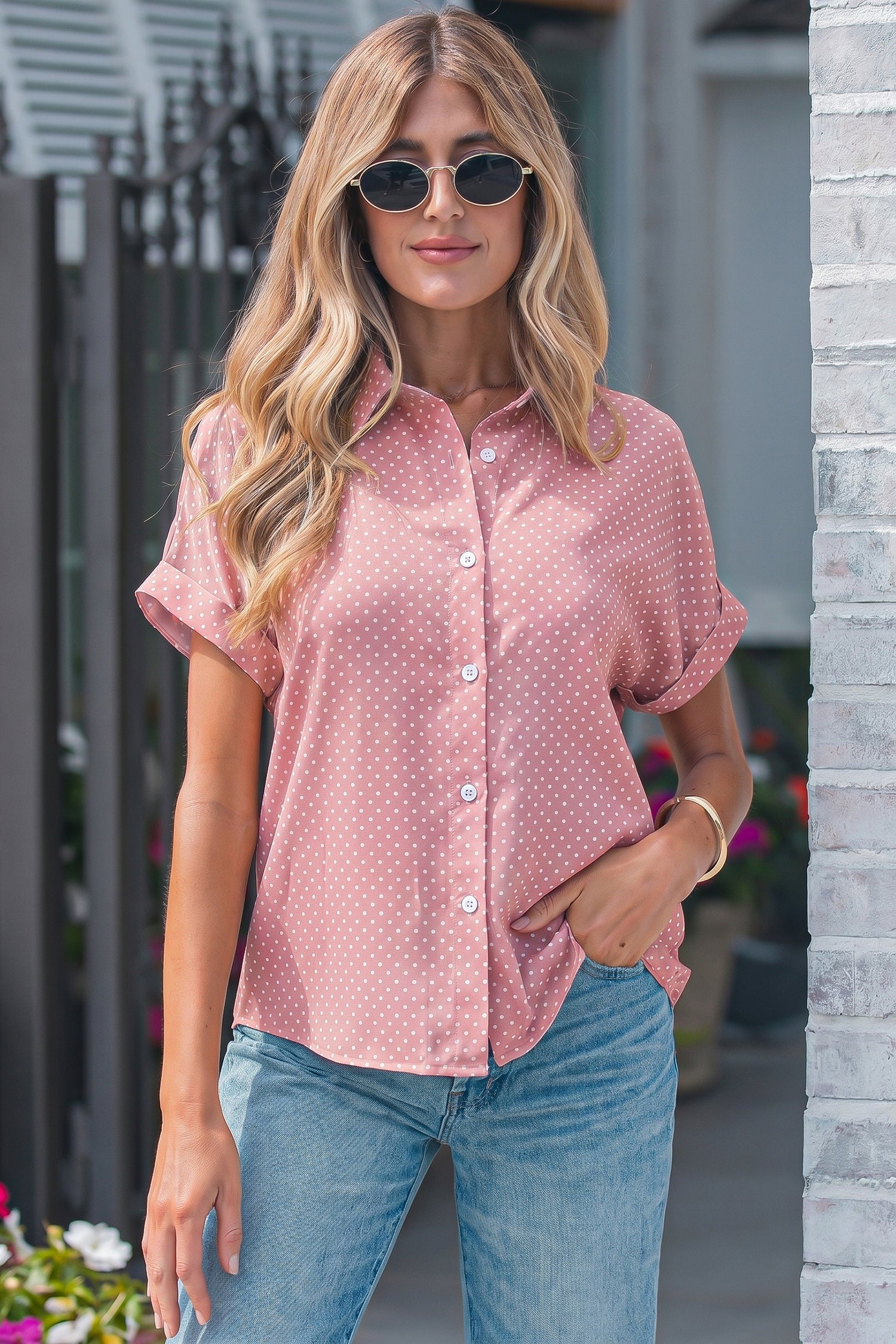 Polka Dot Cuffed Short Sleeve Shirt
