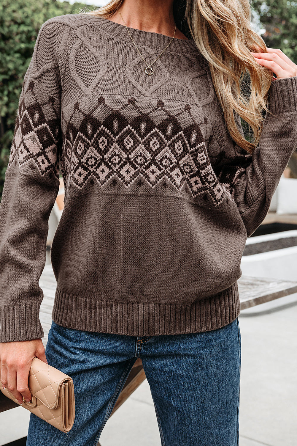 Western Geometric Knit Crew Neck Sweater