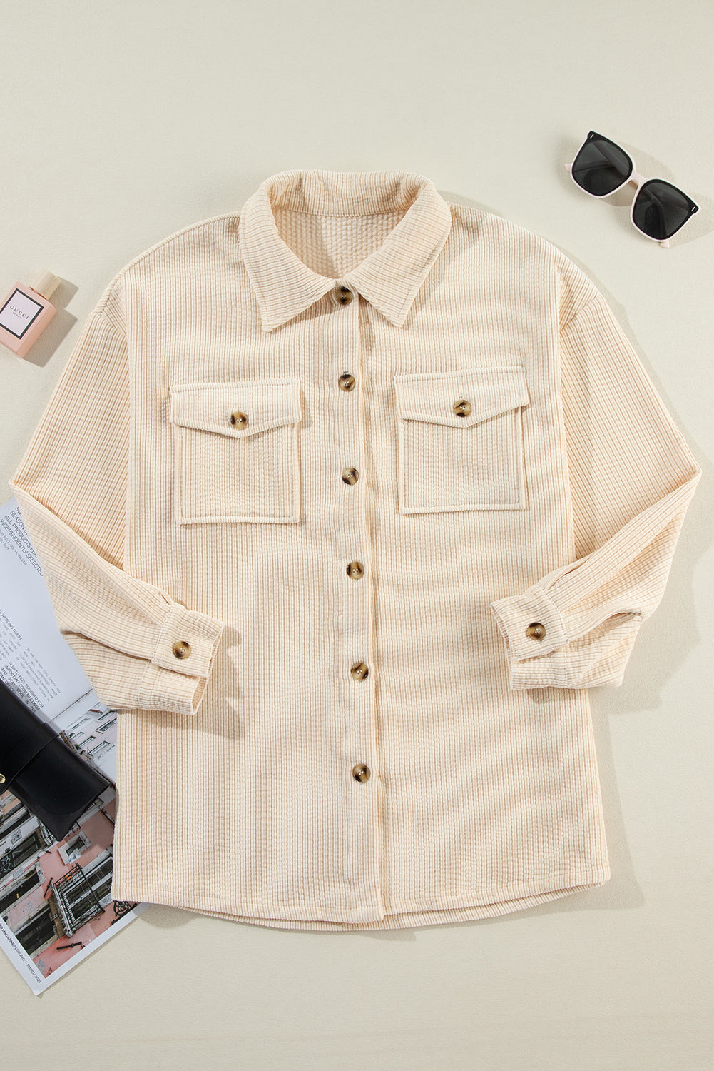 Solid Corduroy Button-Up Pocketed Shacket