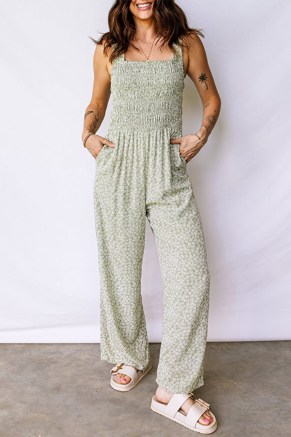 Floral Smocked Square Neck Sleeveless Jumpsuit
