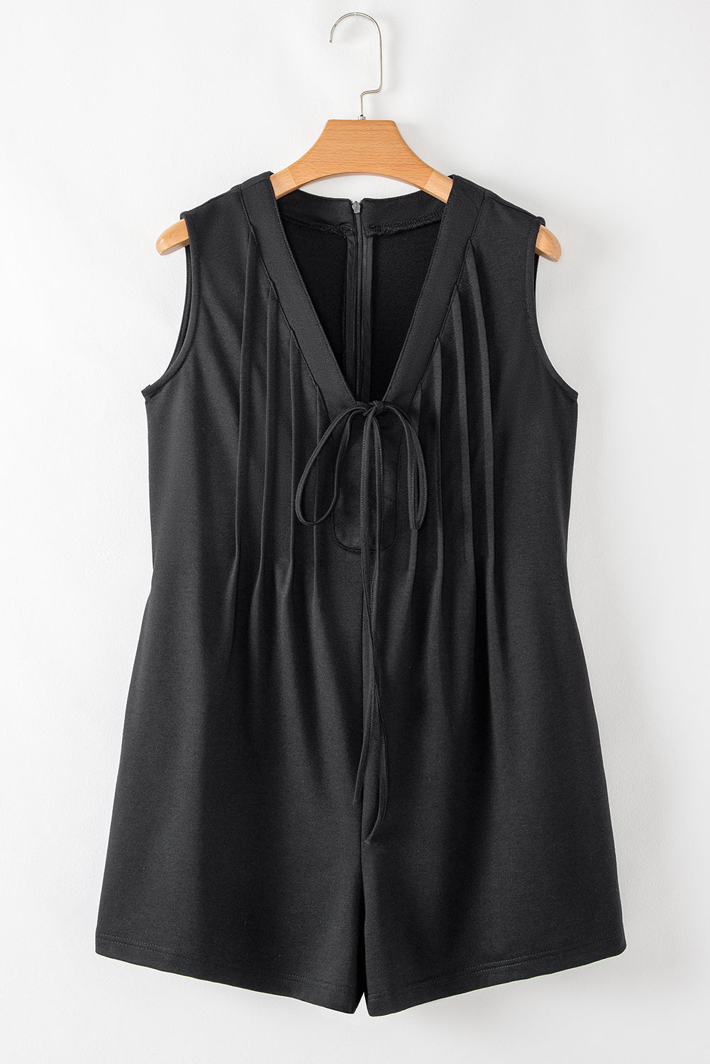 Solid Tie V-Neck Pintuck Sleeveless Romper