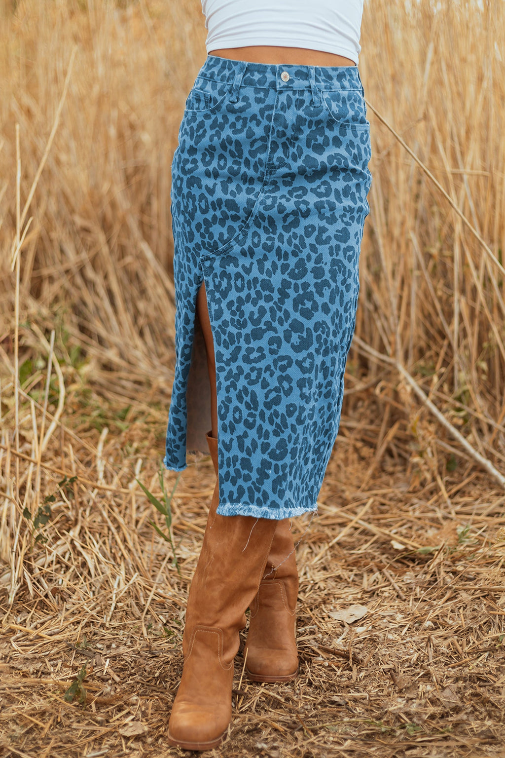 Leopard Denim Frayed Hem Midi Skirt