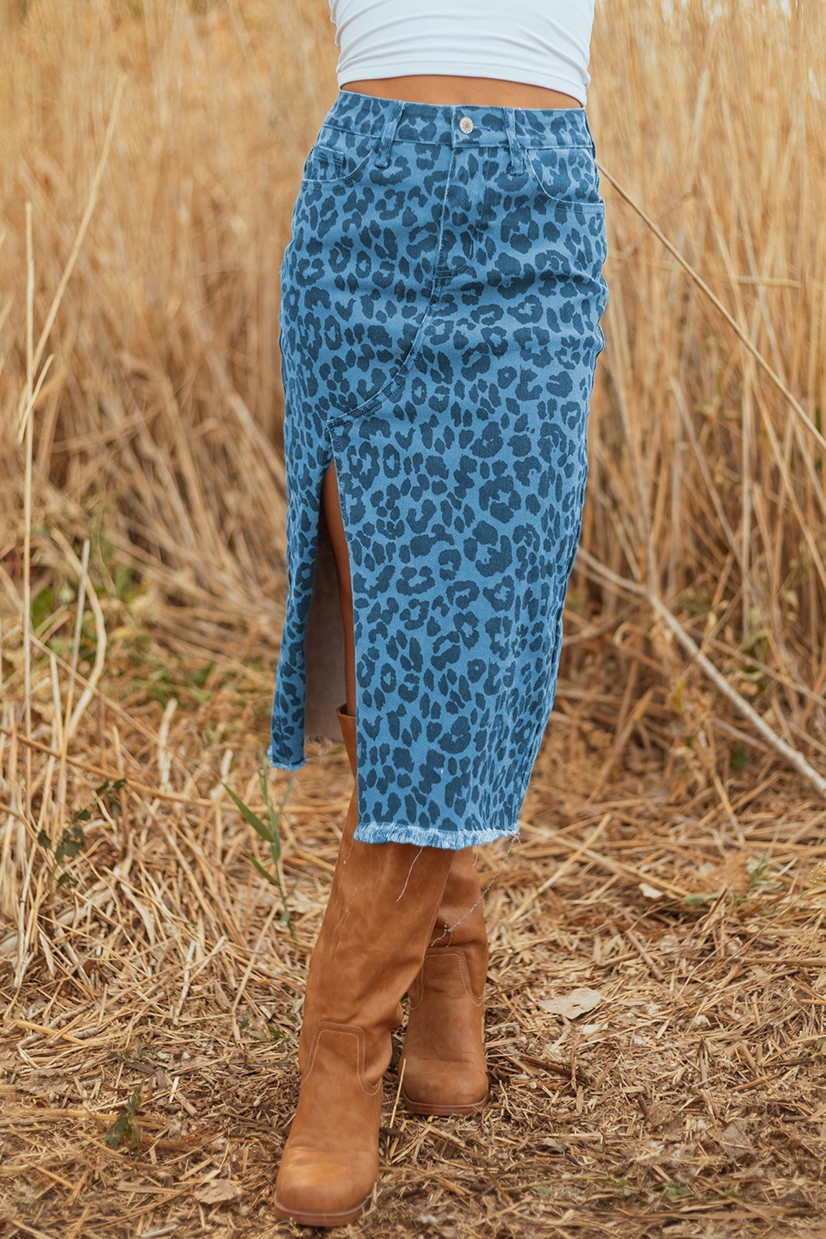 Leopard Denim Frayed Hem Midi Skirt