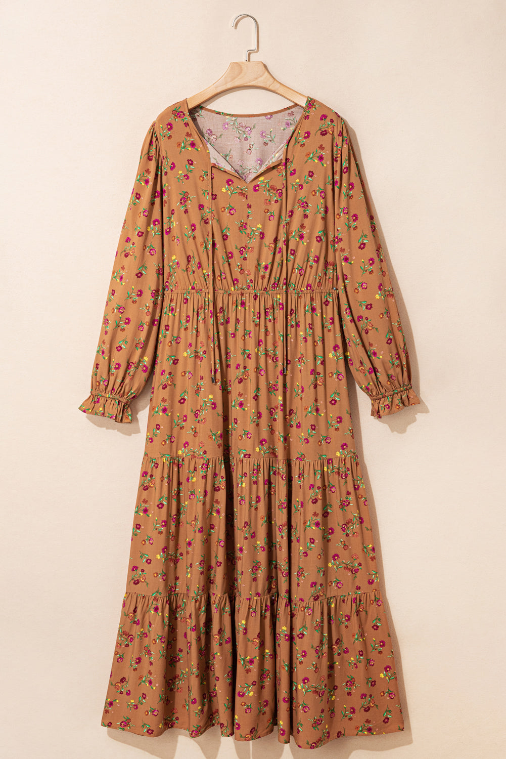 Plus Size Floral V-Neck Ruffle Sleeve Tiered Dress