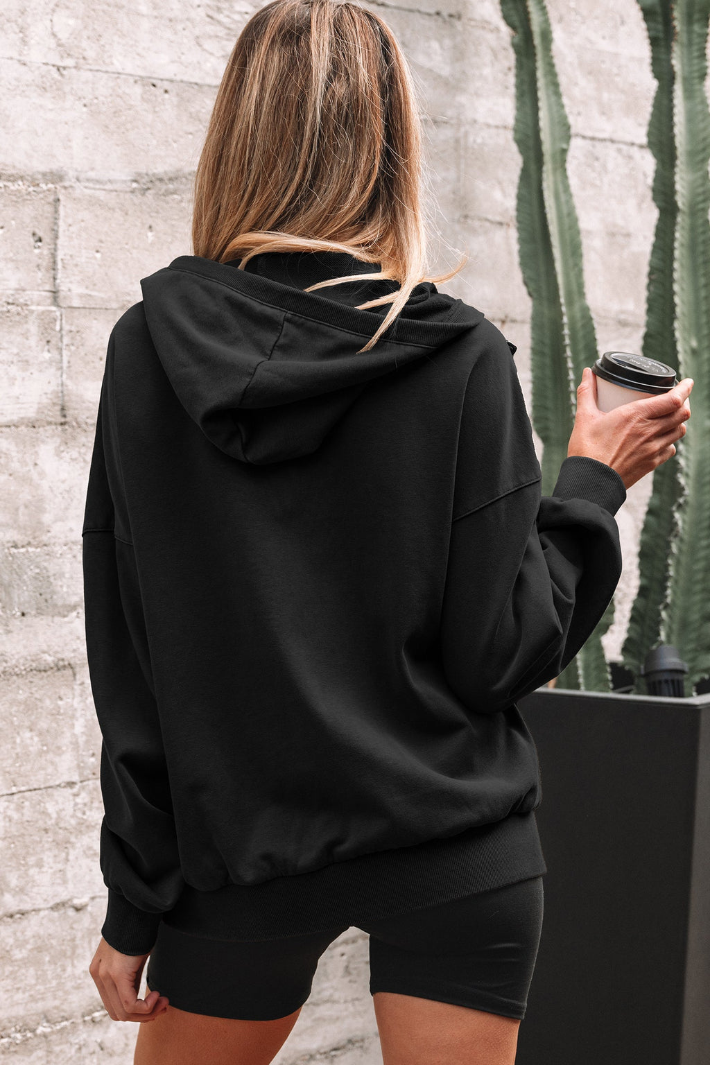 Solid Half-Zip Kangaroo Pocket Baggy Hoodie