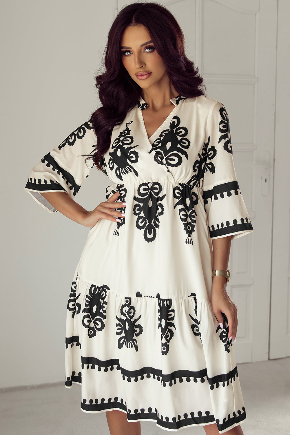 Western Geometric 3/4 Sleeve Midi Dress