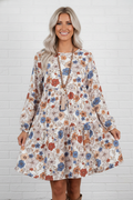 Floral Round Neck Ruffle Long Sleeve Dress