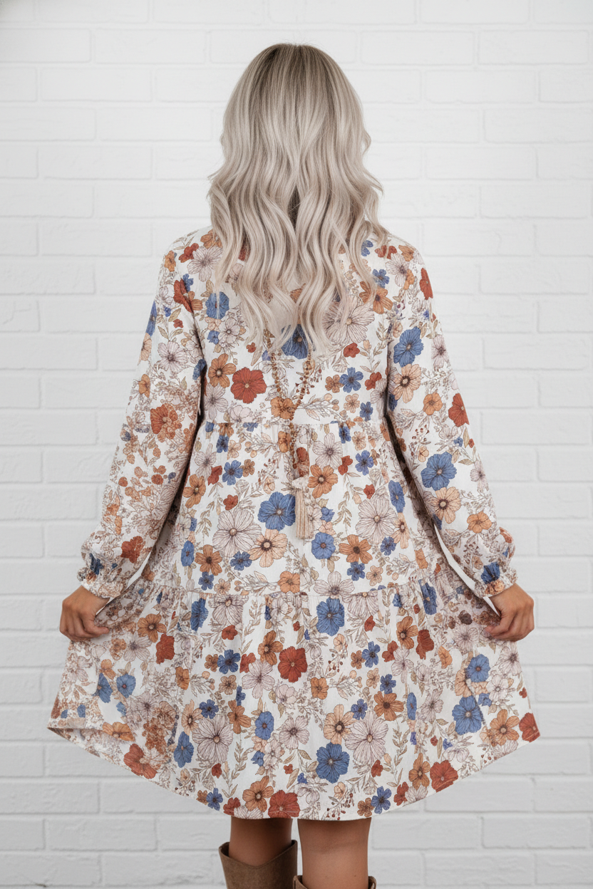 Floral Round Neck Ruffle Long Sleeve Dress