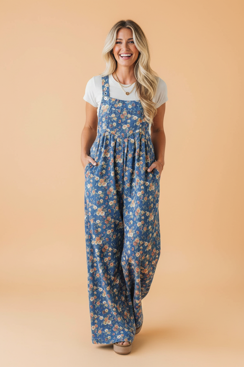 Floral Denim Pleated Wide Leg Jumpsuit