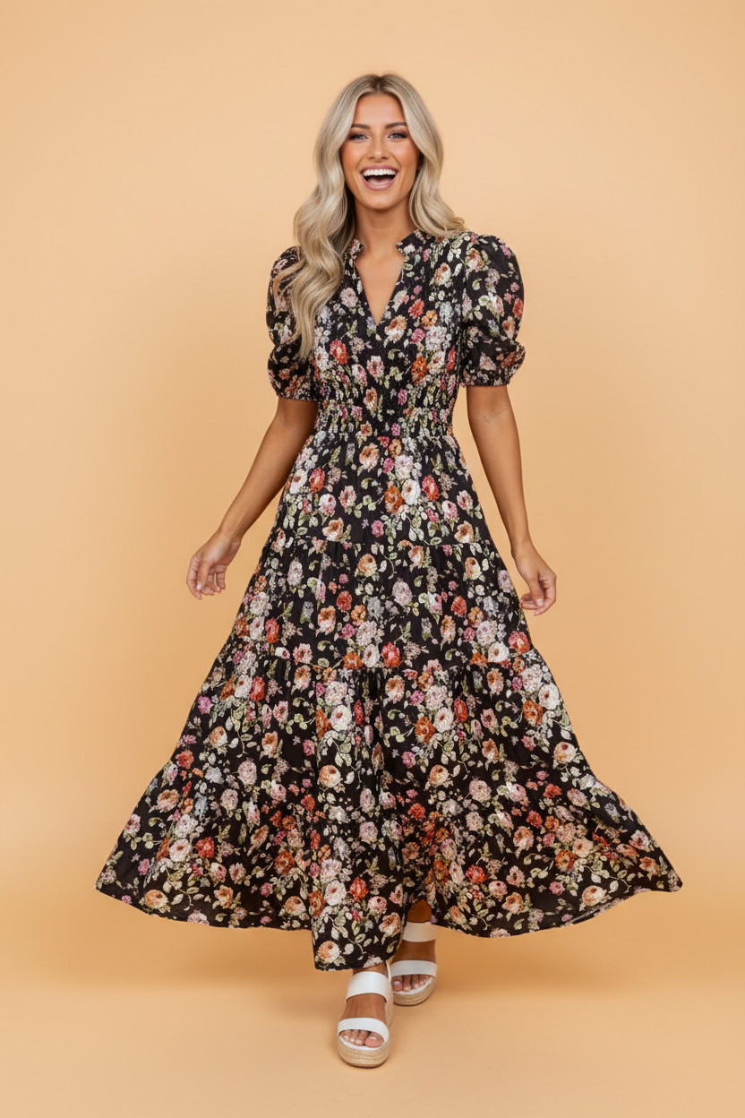 Floral V-Neck Pleated Tiered Maxi Dress