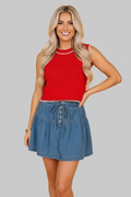 Denim Half Button Pleated Drawstring Mini Skirt