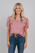 Stripe Ribbed Trim V-Neck Puff Sleeve Top