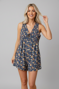 Floral Denim Bow Tie V-Neck Romper