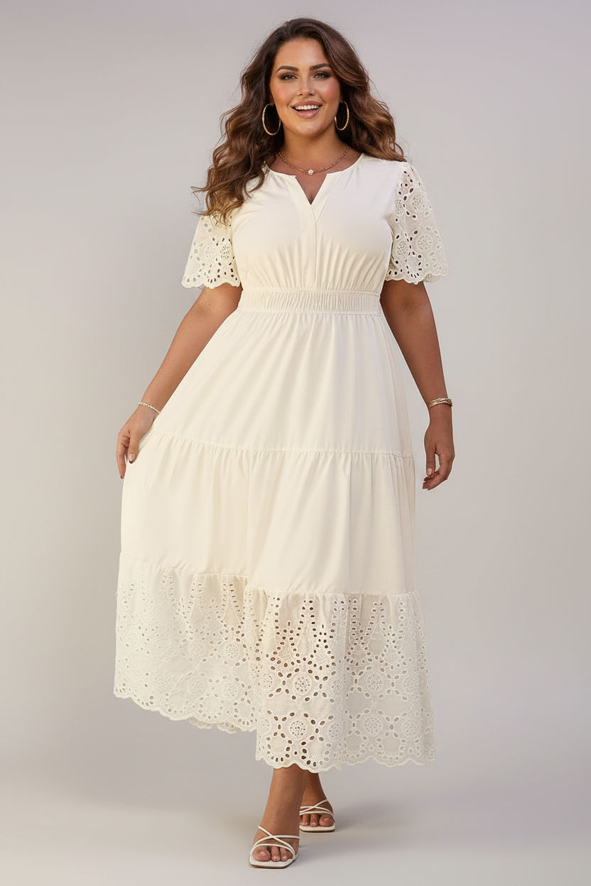 Plus Size Embroidered Eyelet Patchwork V-Neck Maxi Dress