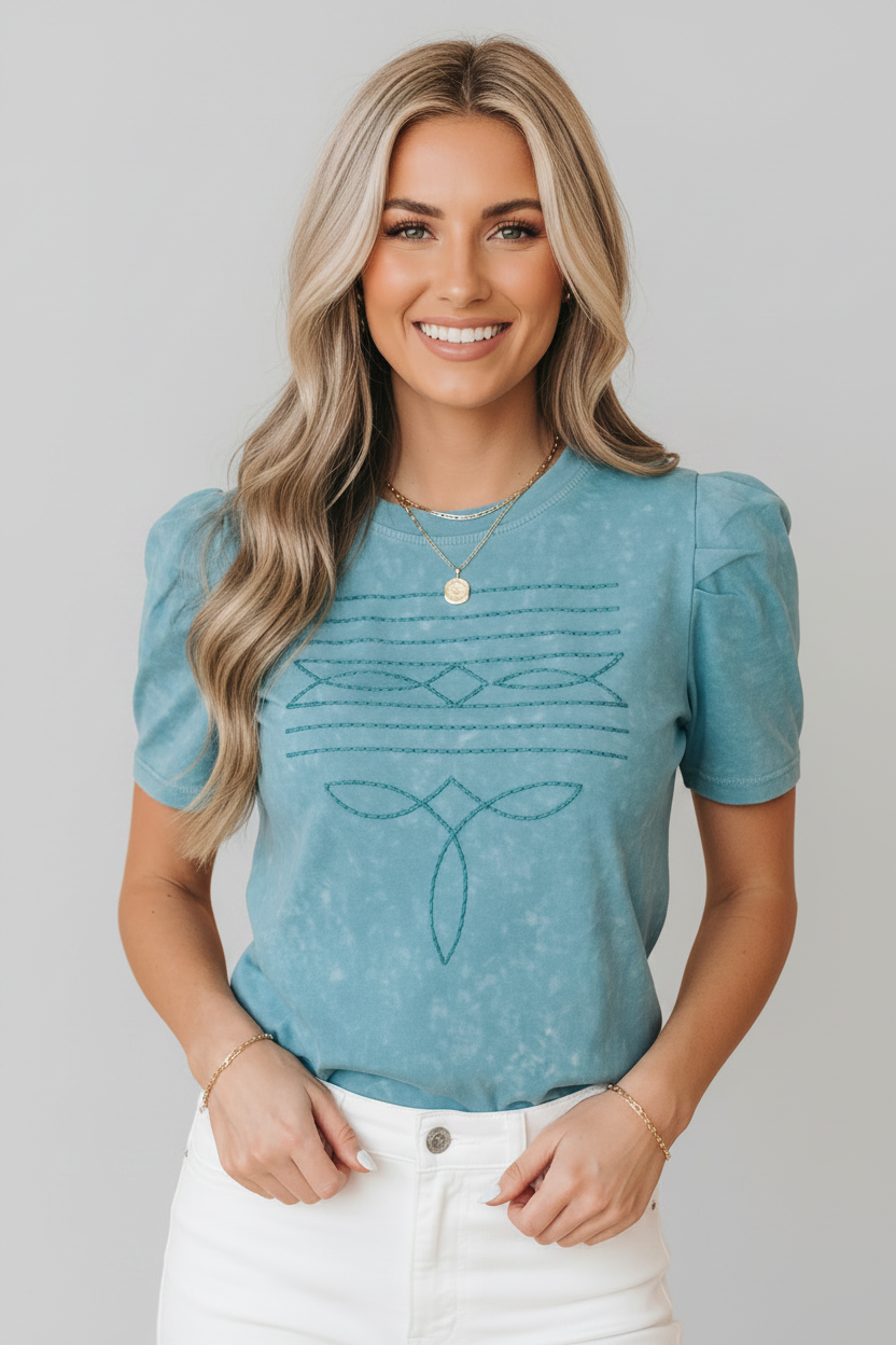 Western Embroidered Mineral Wash Puff Sleeve Tee