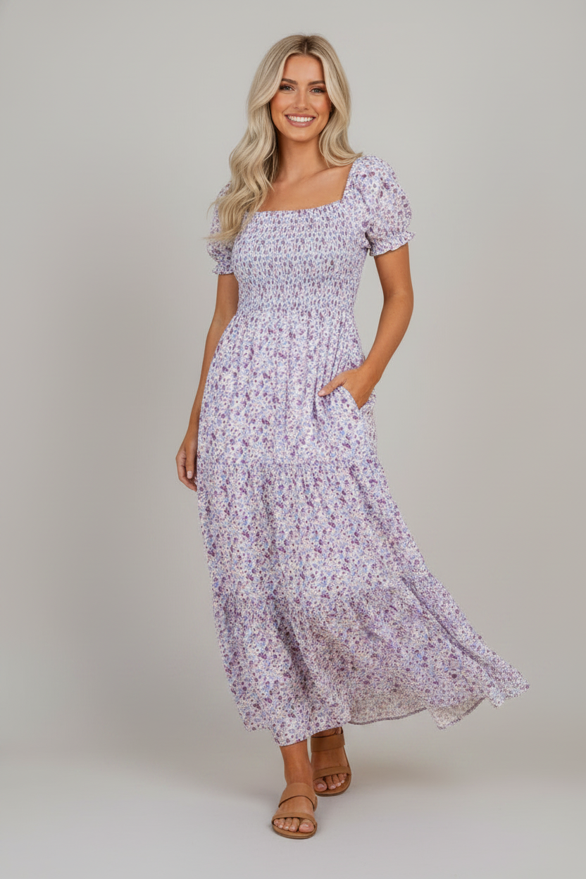 Floral Bubble Sleeve Shirred Waist Maxi Dress