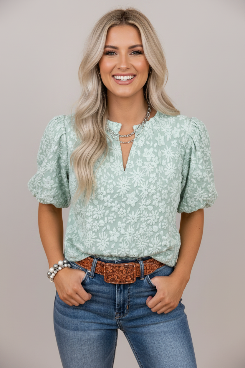 Floral Textured Jacquard Puff Sleeve Blouse