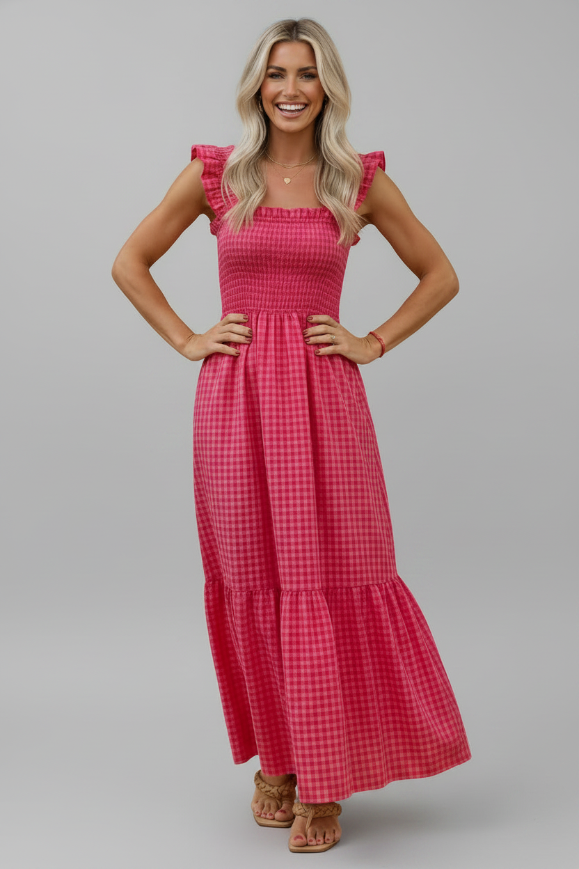 Gingham Plaid Smocked Square Neck Sundress
