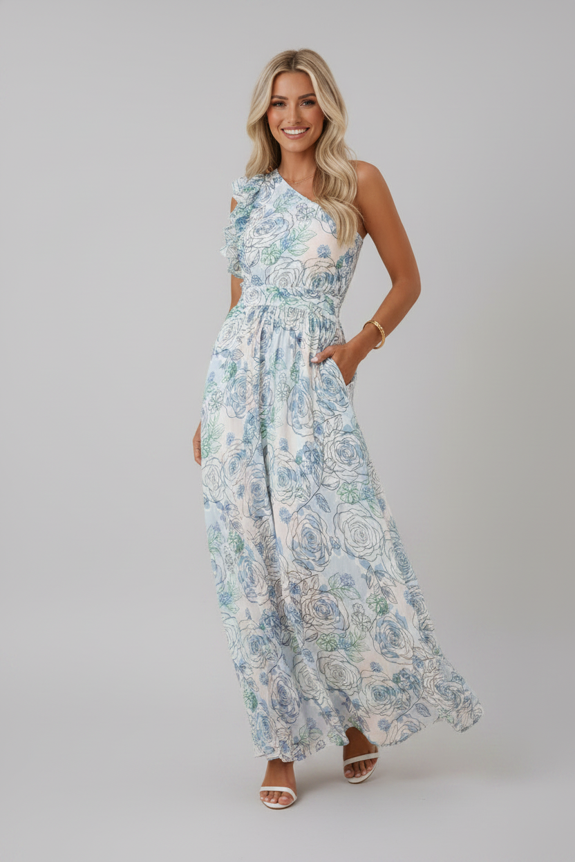 Floral Ruffle One Shoulder Maxi Dress