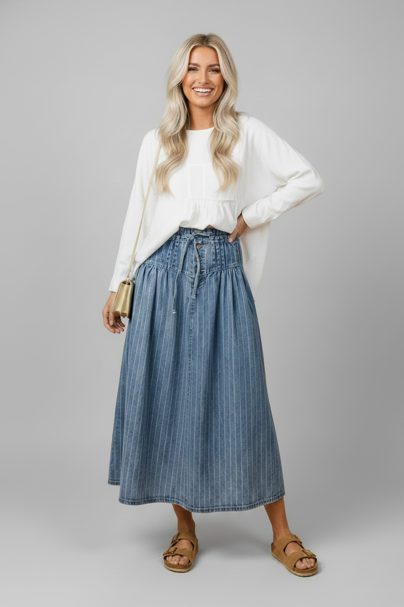 Stripe Denim Button Pleated High Waist Midi Skirt