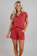 Solid Polo Tee & Elastic Waist Short Set