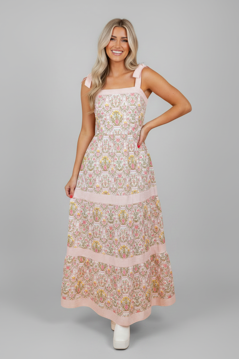 Floral Geometric Stripe Patchwork Sleeveless Dress