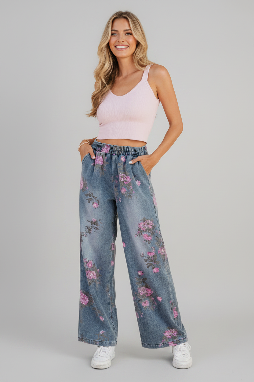 Floral Denim Elastic Waist Straight Leg Jeans