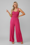 Solid Smocked Square Neck Sleeveless Jumpsuit