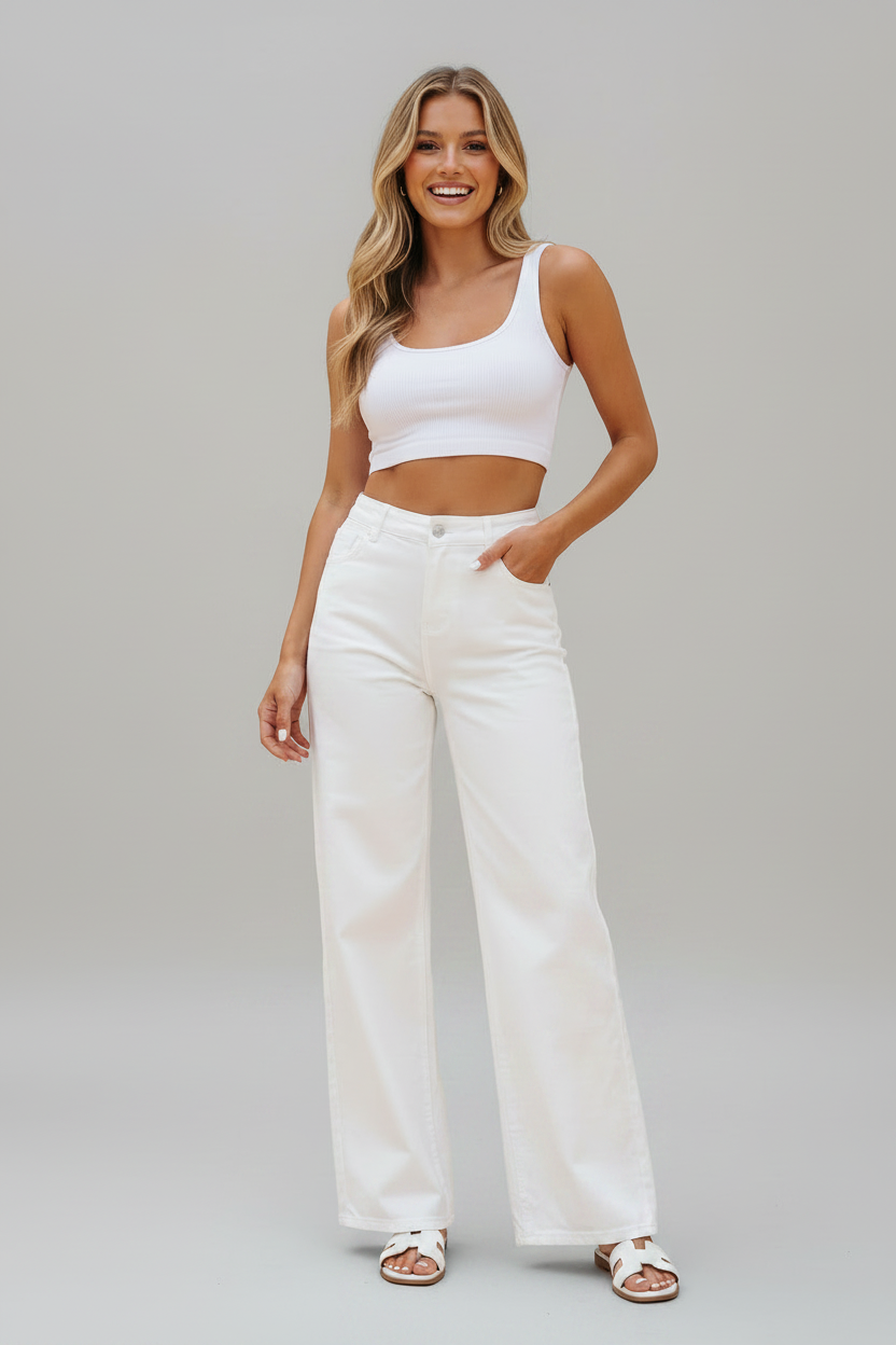 Solid Denim High Waist Wide Leg Jeans