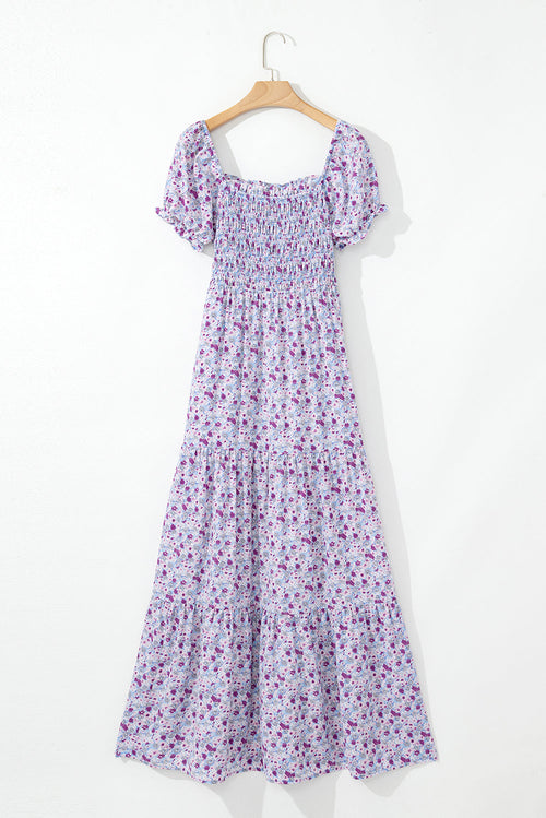 Floral Bubble Sleeve Shirred Waist Maxi Dress