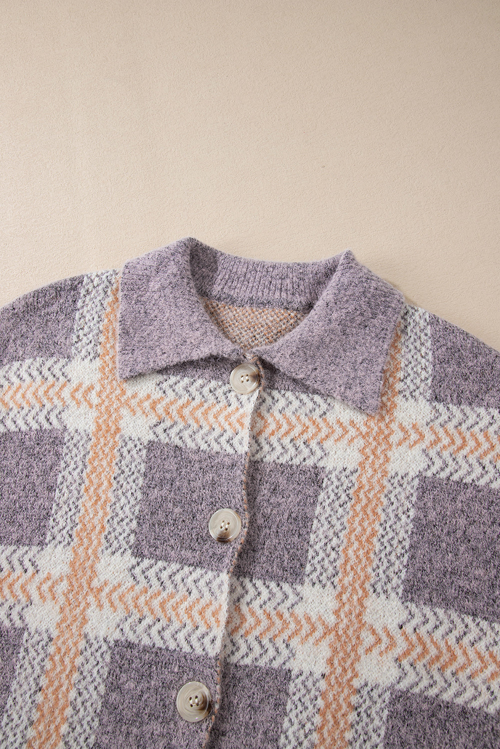 Plaid Button-Up Collared Fuzzy Cardigan