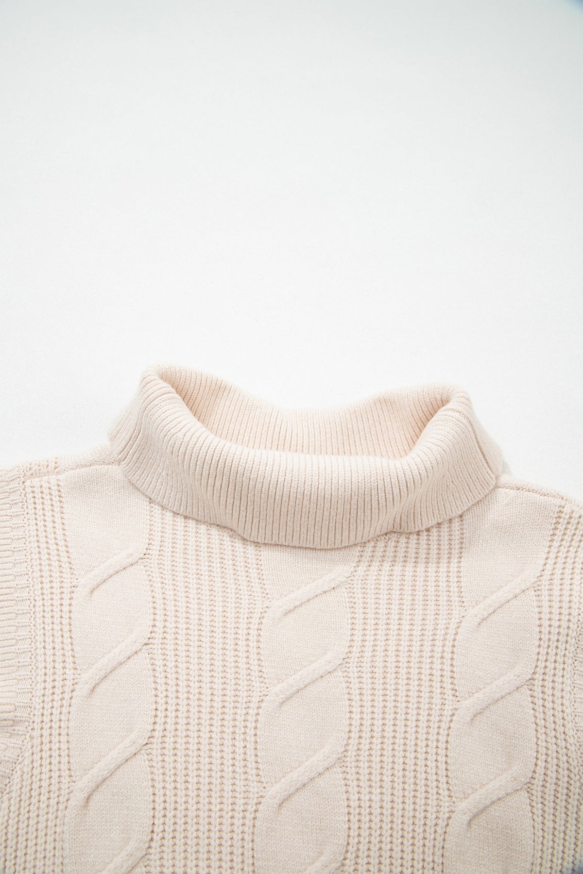 Cable Knit Turtleneck Ruffle Short Sleeve Sweater