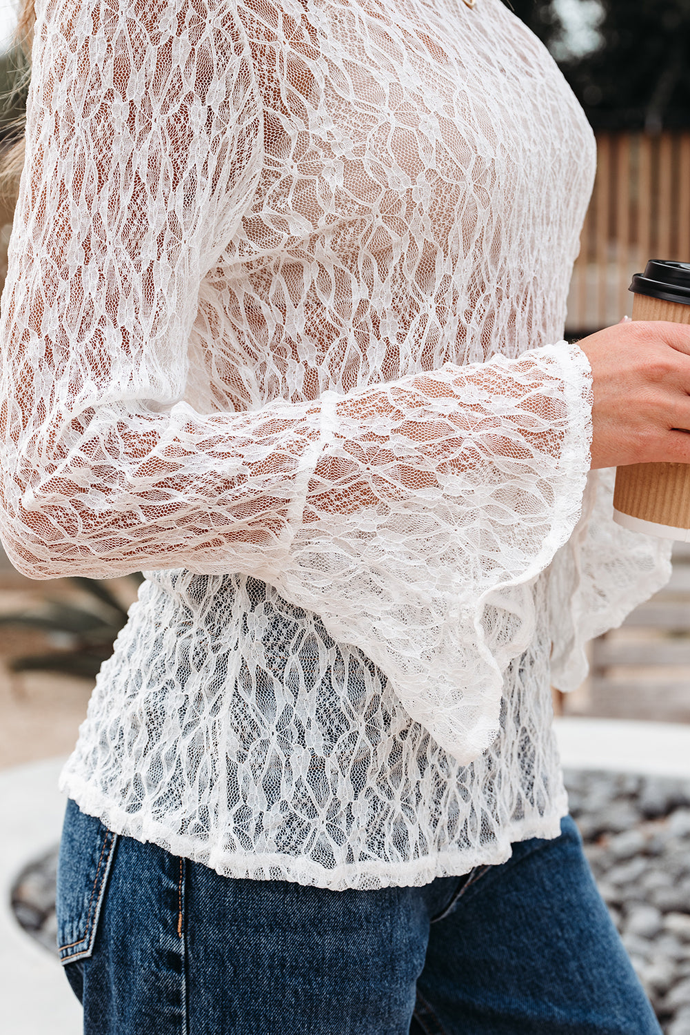 Sheer Lace Bell Sleeve Mock Neck Blouse