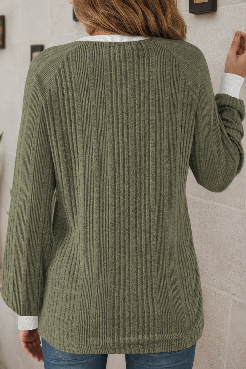 Solid Ribbed Contrast Trim Long Sleeve Top