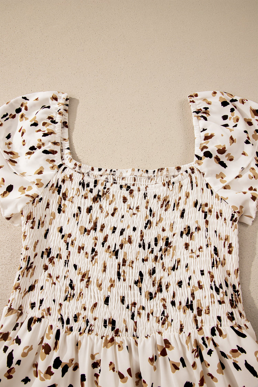 Leopard Smocked Square Neck Ruffle Sleeve Dress